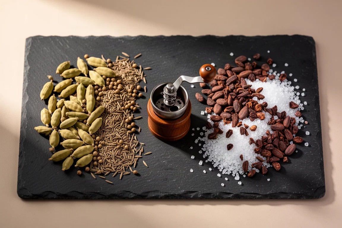 Spezie e granella di cacao disposte su una superficie di ardesia accanto a un piccolo macinino