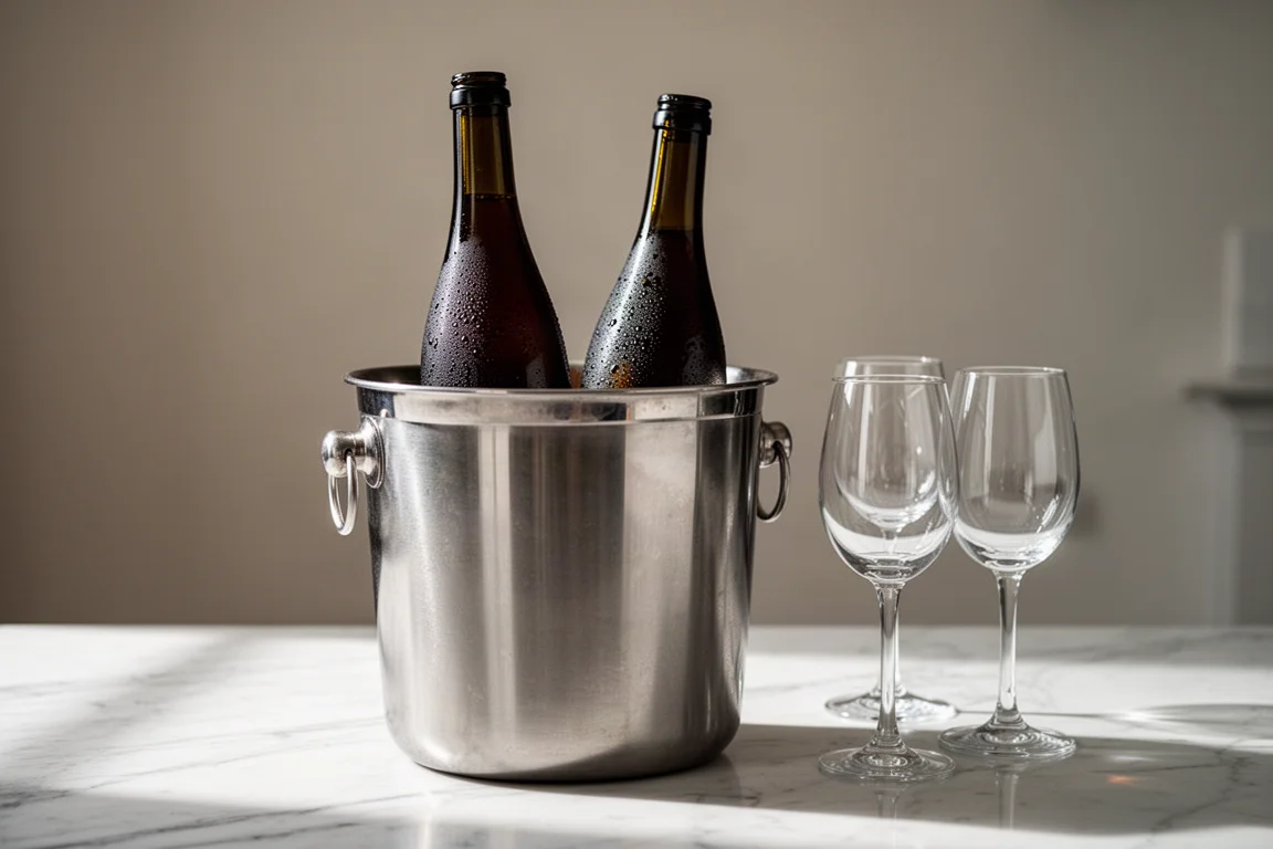 Bottiglie di kombucha frizzante raffreddate in una cantinetta da banco in cucina