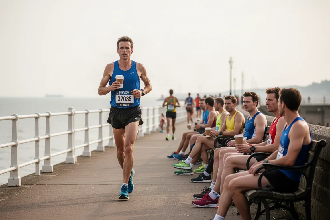 跑手在 10K 賽事後於海旁散步鬆弛,旁邊有雪糕攤檔
