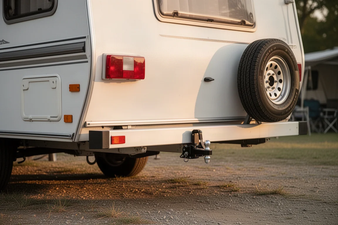 Heckstoßfänger eines Travel Trailers mit montierter leichter Zubehörkupplung