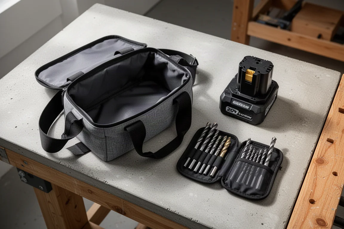 Cordless drill driver standing on a workshop bench beside a fabric carry bag and battery pack