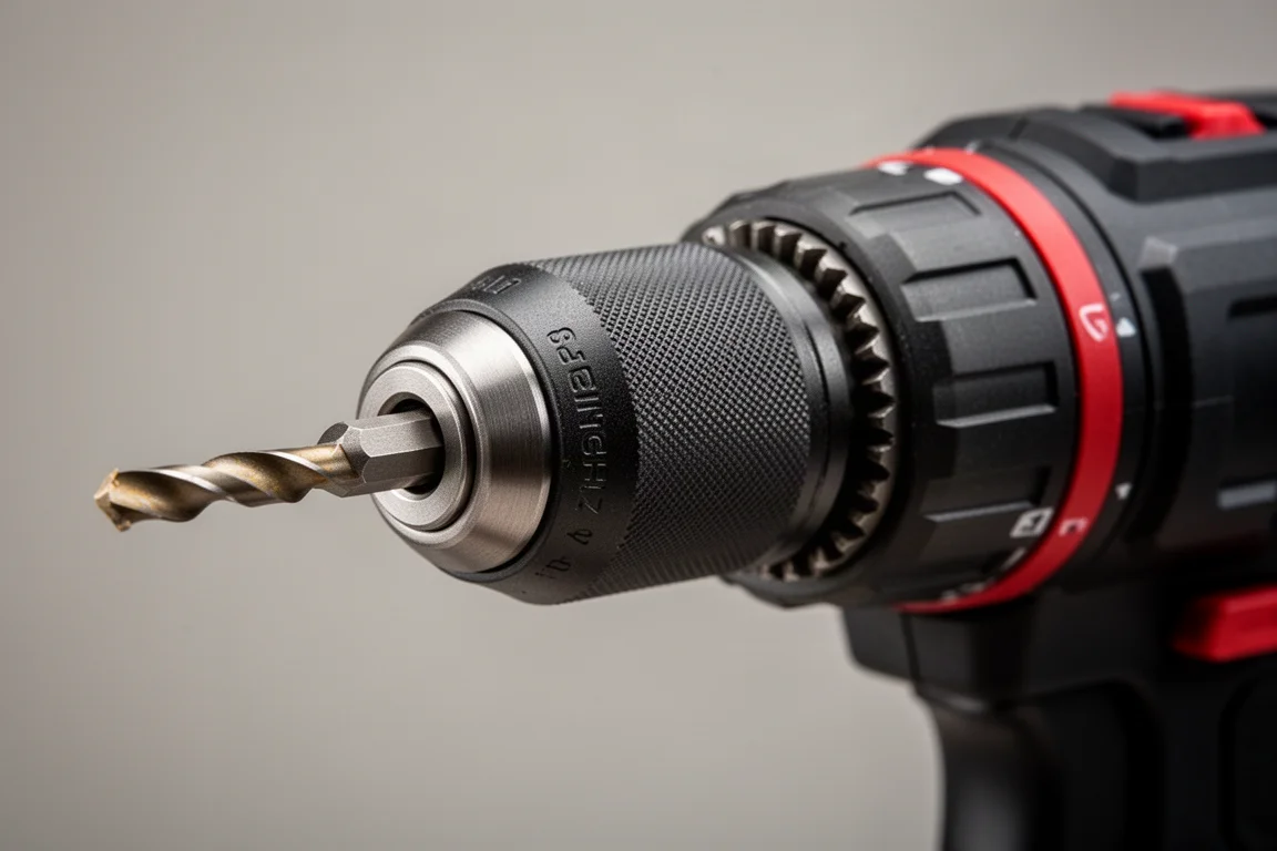 Close-up of a rotating dual-chuck head on a cordless drill with two bit holders