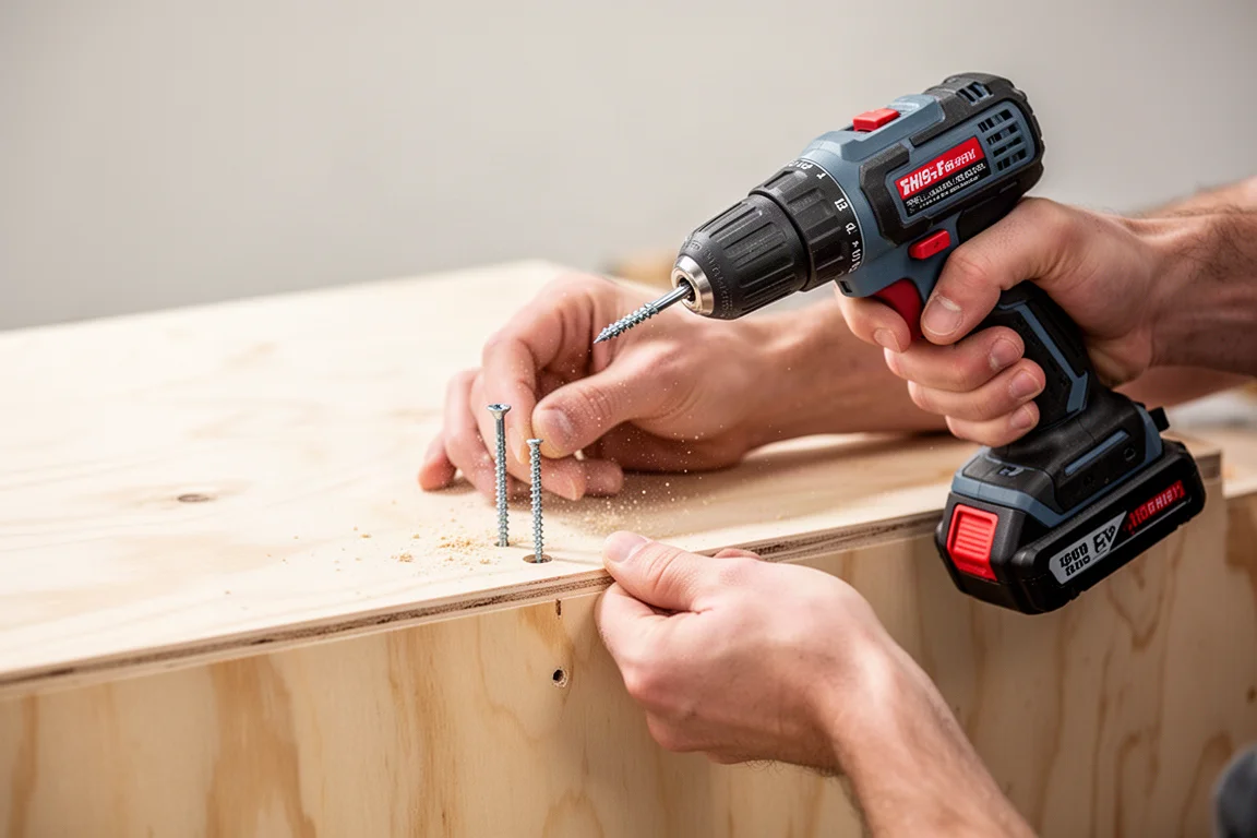 Person driving a long screw into a wooden furniture panel in a bright workshop