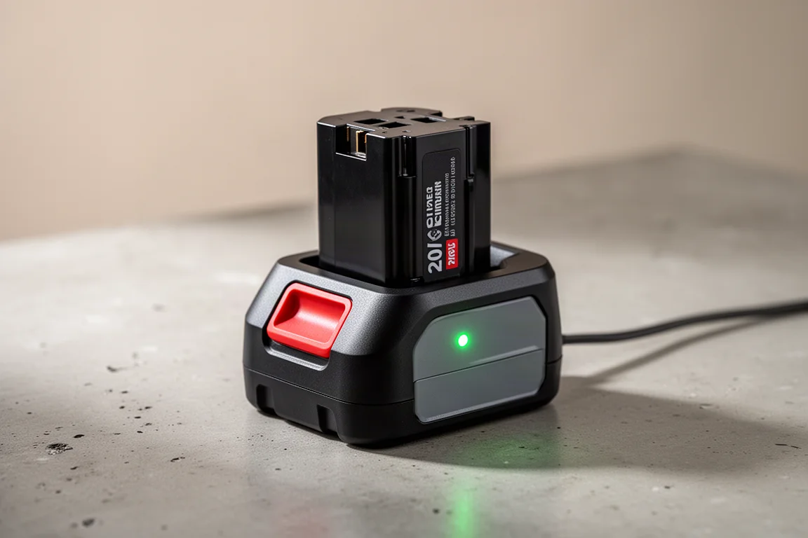Battery pack sliding into a charger with a green indicator light glowing