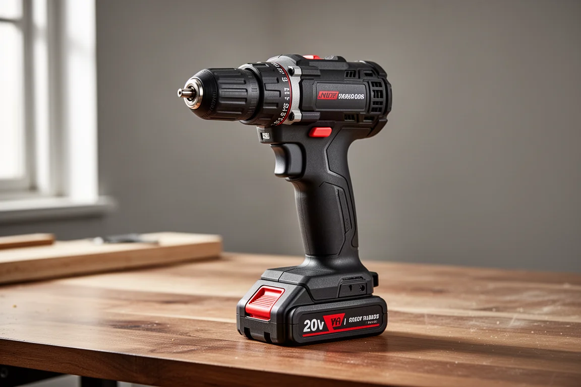 Compact cordless drill driver with rotating dual-chuck head on a workbench