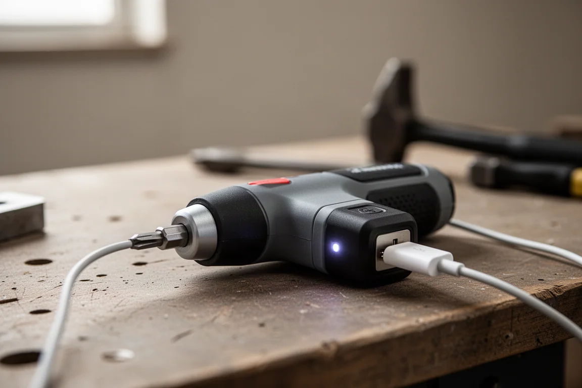 Oplaadbare schroevendraaier aangesloten op een USB-kabel met brandende oplaadindicator