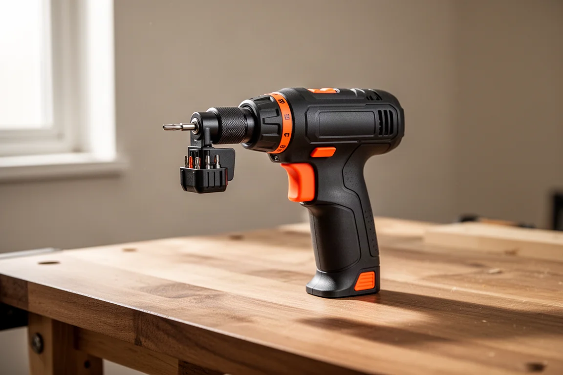 Worx Switch Driver cordless screwdriver with bit cartridge on a workbench