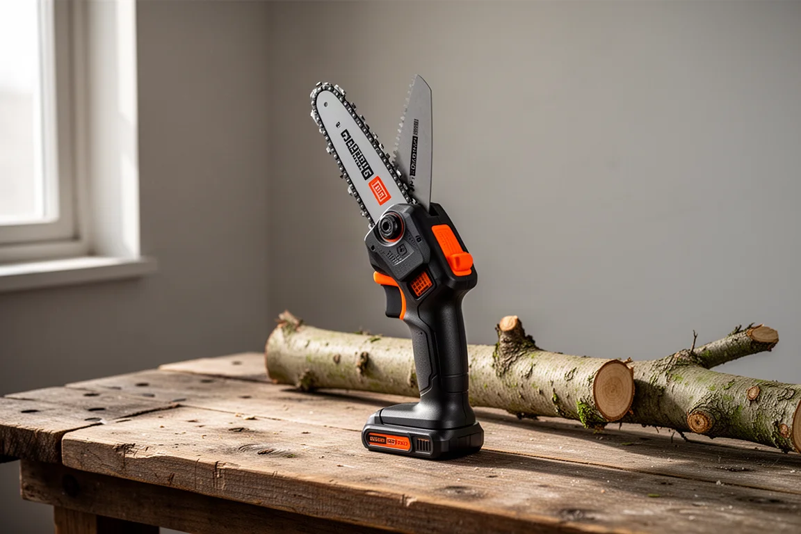 Compact cordless pruning saw with a five-inch bar on a wooden workbench next to a cut branch
