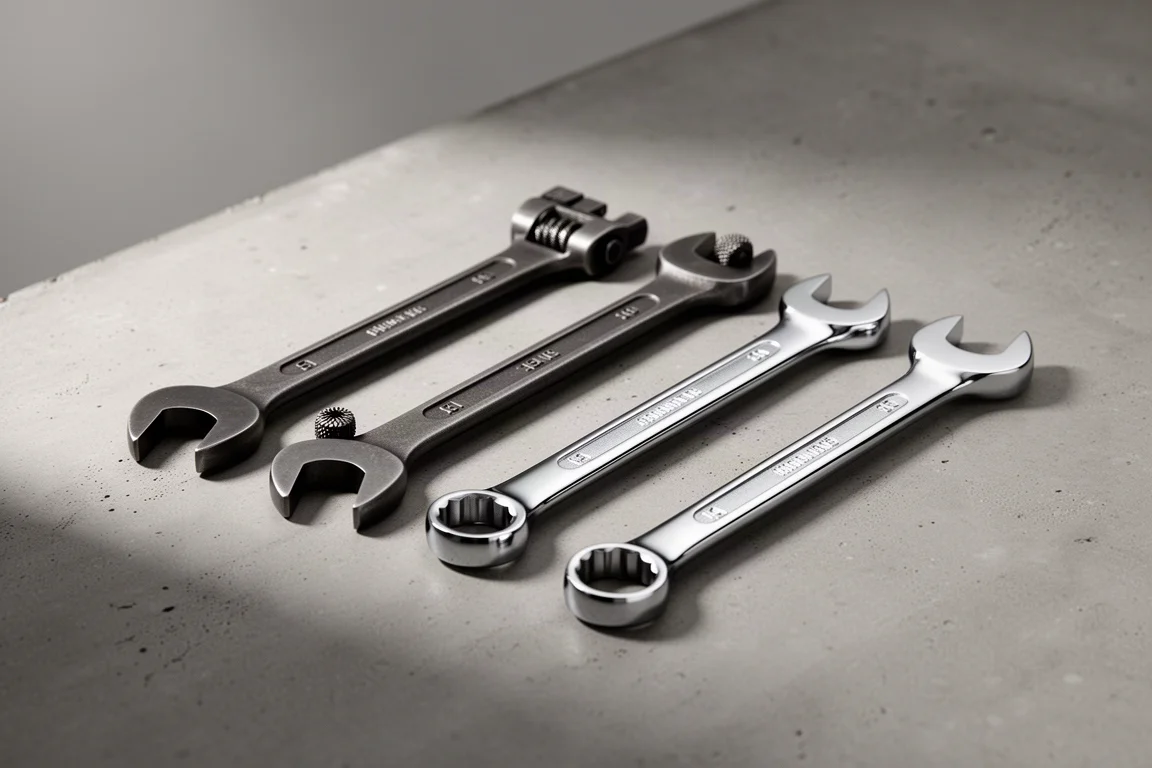 Four wrenches, two adjustable and two open-end, arranged on a concrete surface