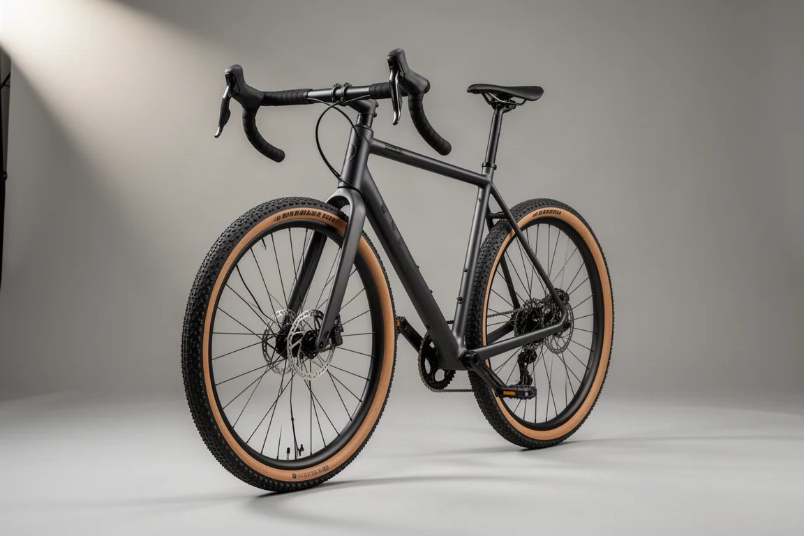 Gravelbike met grote wielen en 40mm-banden tegen een grijze studioachtergrond