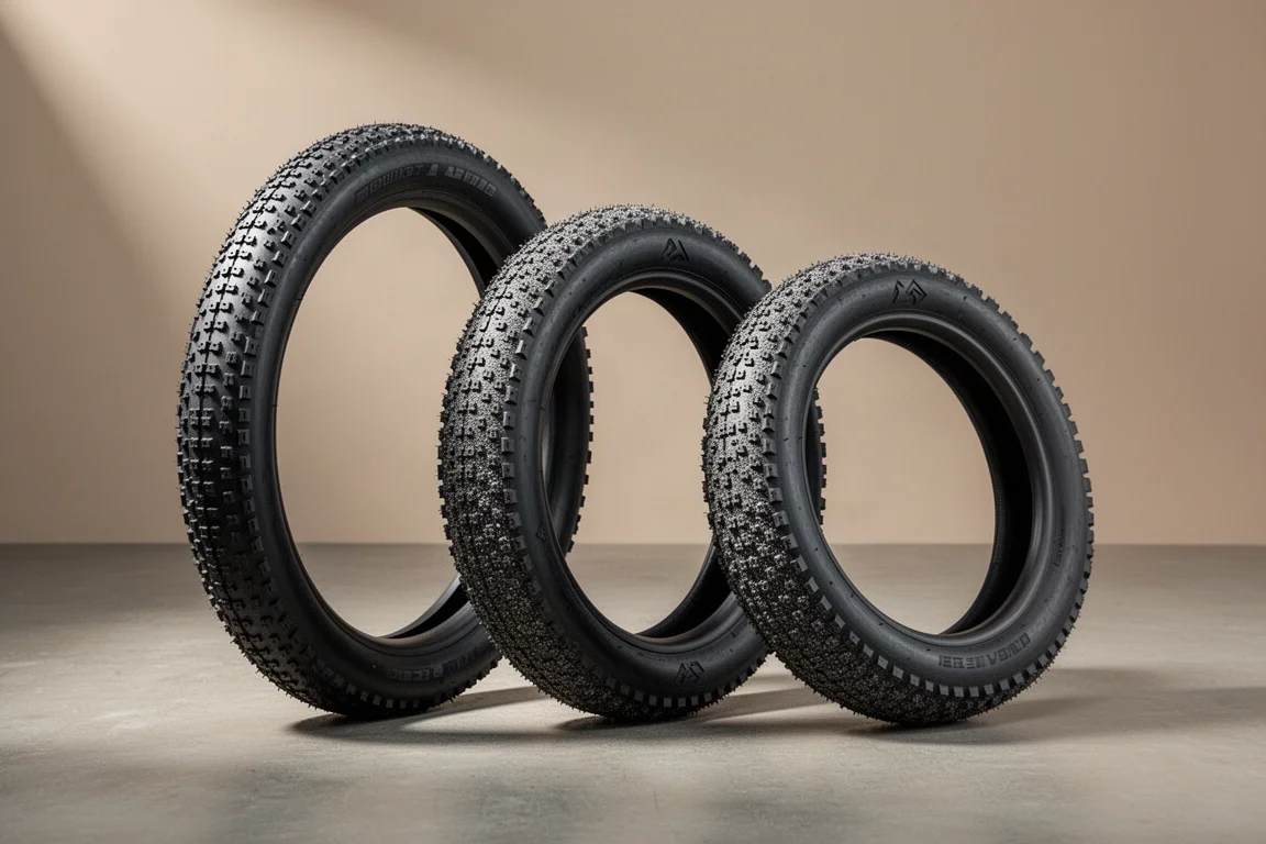 Tres neumáticos anchos de bicicleta gravel dispuestos sobre una superficie de hormigón con detalles visibles en los flancos