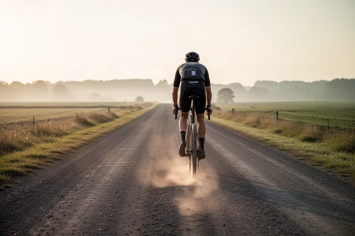 Ciclista gravel su una lunga strada sterrata veloce all'alba con polvere nell'aria