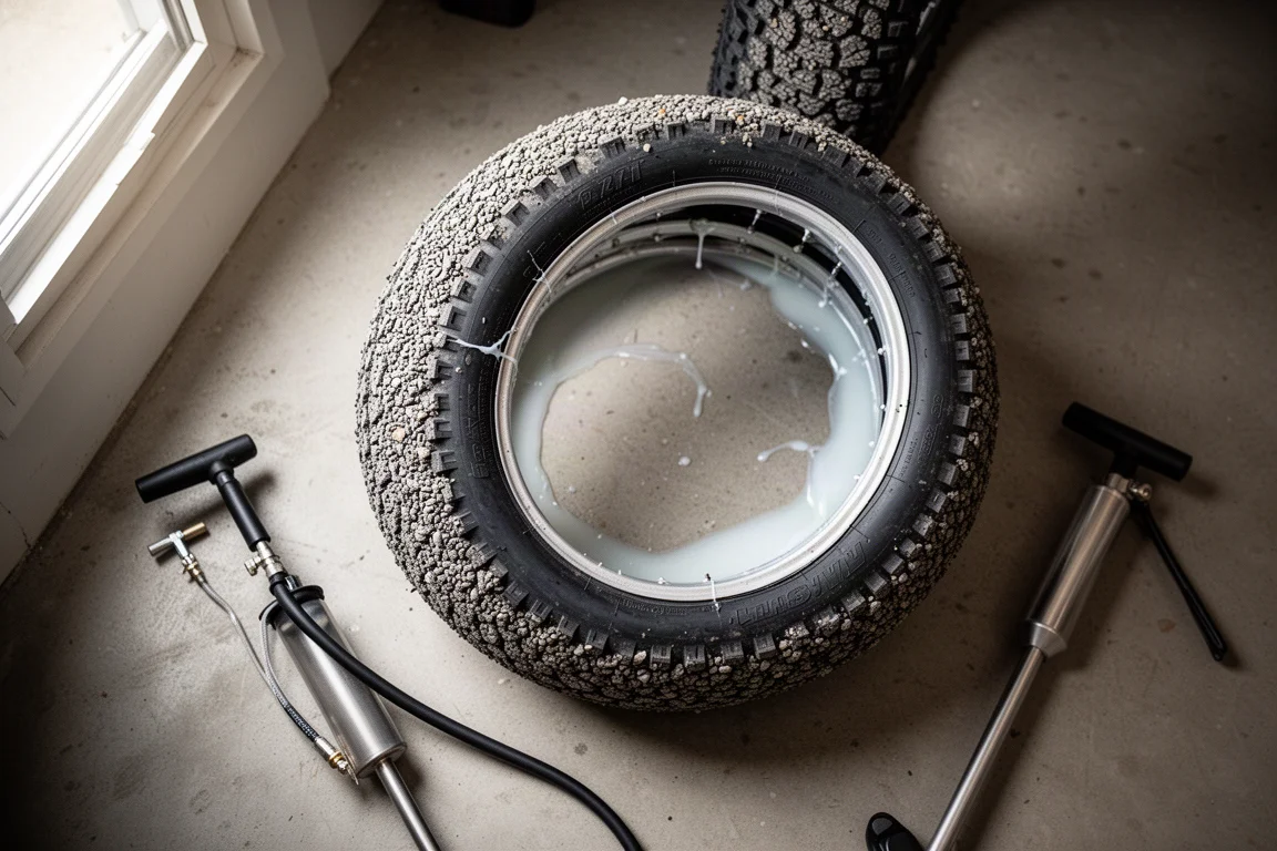 Copertone gravel tubeless assestato sul cerchio con sigillante durante il gonfiaggio