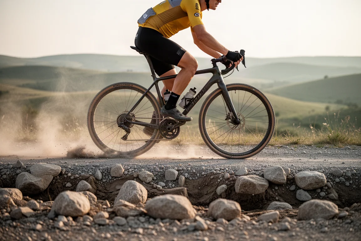 Ciclista che spinge su ghiaia sassosa e accidentata nella luce del tardo pomeriggio