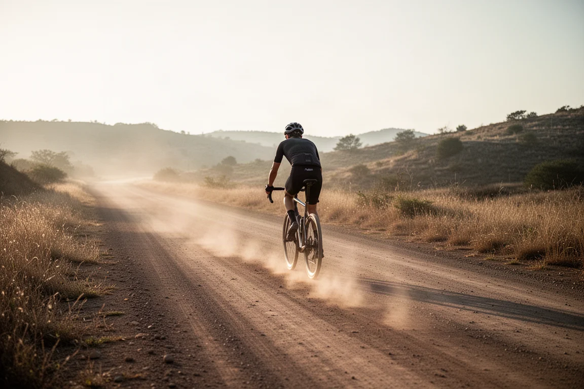 Ciclista de gravel rodando por un camino de tierra ancho al amanecer con polvo levantándose tras la rueda
