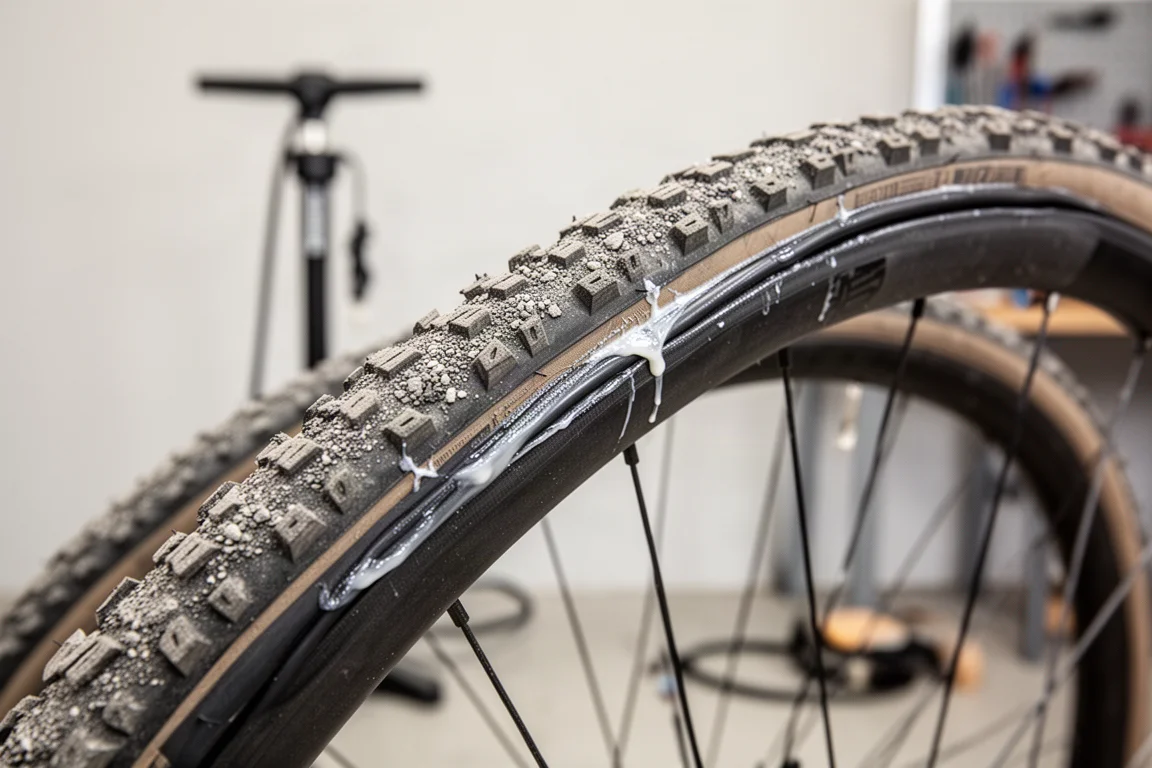 Primer plano del talón de un neumático de gravel tubeless asentado en una llanta ancha con una bomba de pie detrás