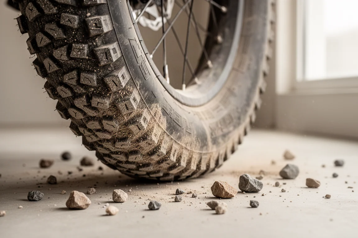 Flanco y tacos laterales polvorientos de un neumático de gravel sobre un suelo de hormigón con piedras sueltas