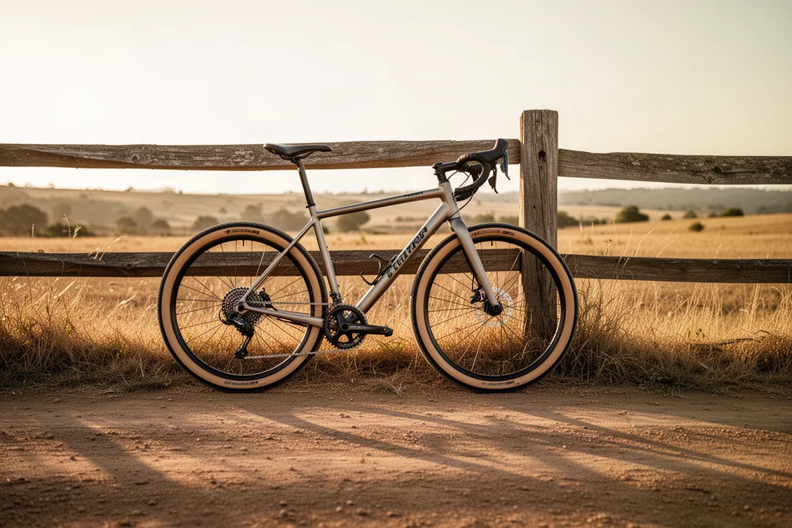 Bicicleta de gravel apoyada en una valla de madera durante la hora dorada en una pista polvorienta