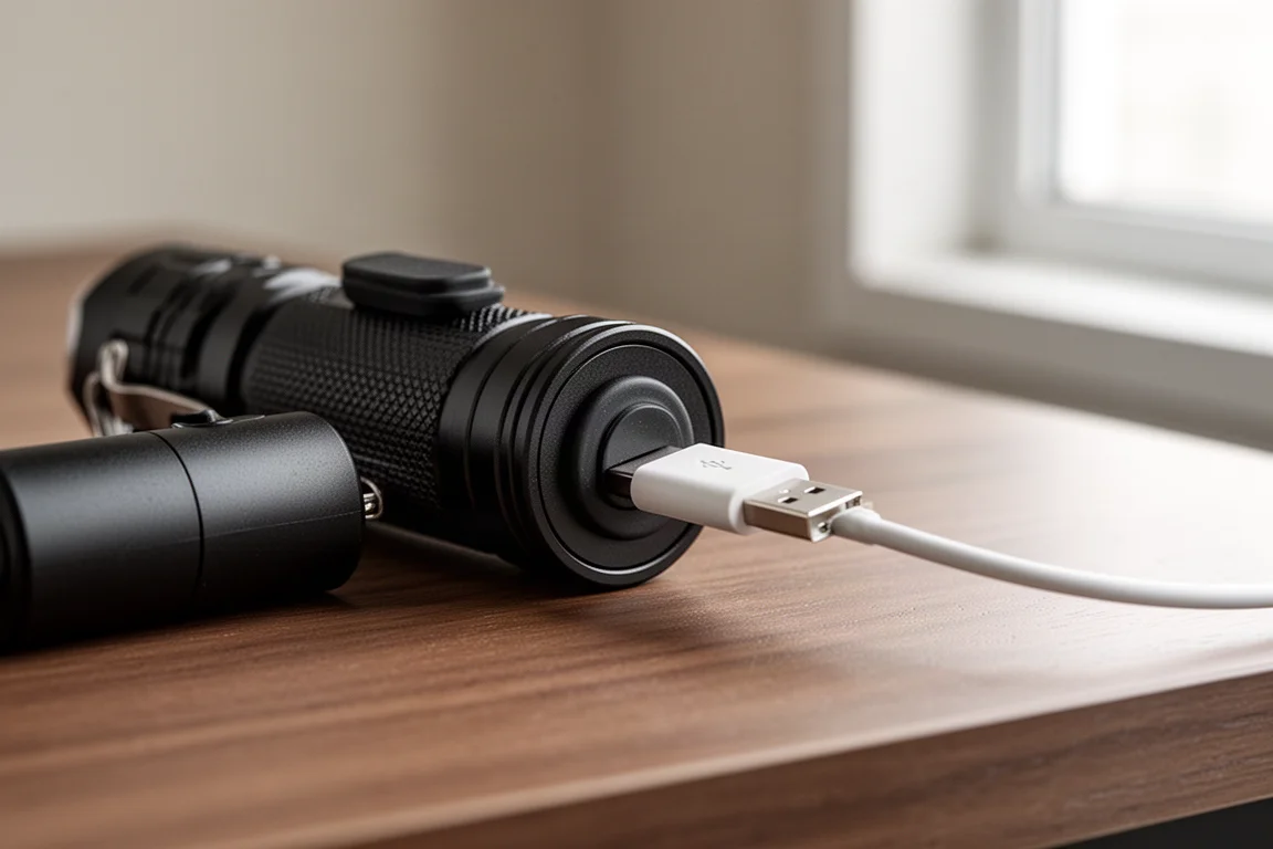 Lampe torche avec câble de charge branché dans un petit port sous un joint en caoutchouc