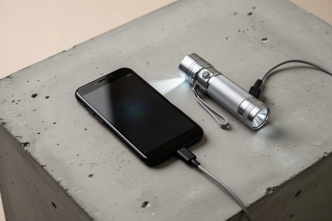 Smartphone connecté à une lampe torche servant de batterie externe, en cours de charge