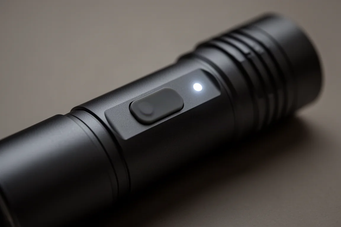 Bouton indicateur faiblement éclairé luisant doucement sur le corps d'une lampe torche dans l'obscurité