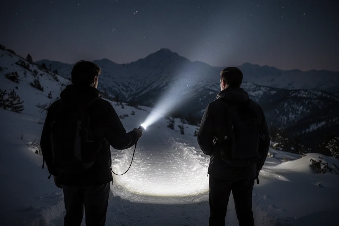 Personne tenant une lampe torche sur un sentier de montagne enneigé la nuit