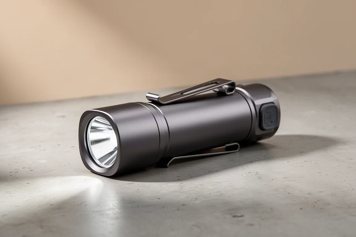 Wuben C2 flashlight with pocket clip on a concrete surface