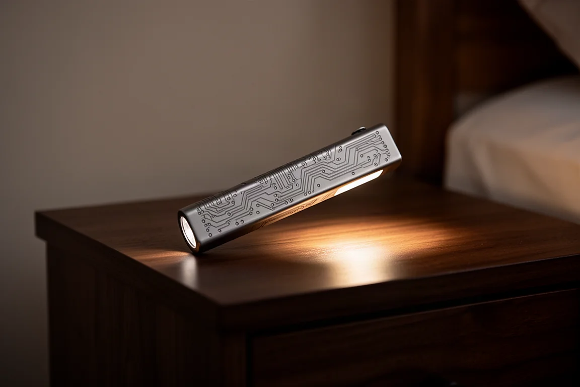 Torch compact in titanio con corpo a motivo circuituale appoggiata su un comodino