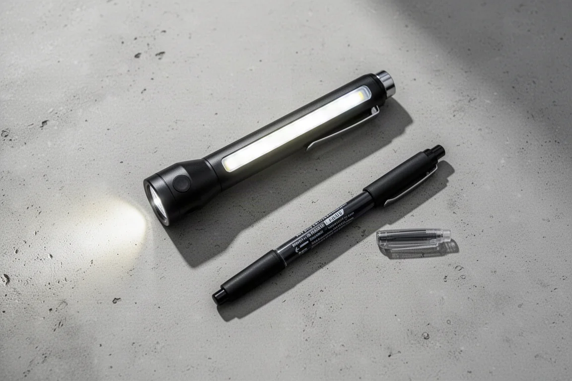 Torch a forma di penna con barra luminosa laterale accanto a un pennarello su una scrivania