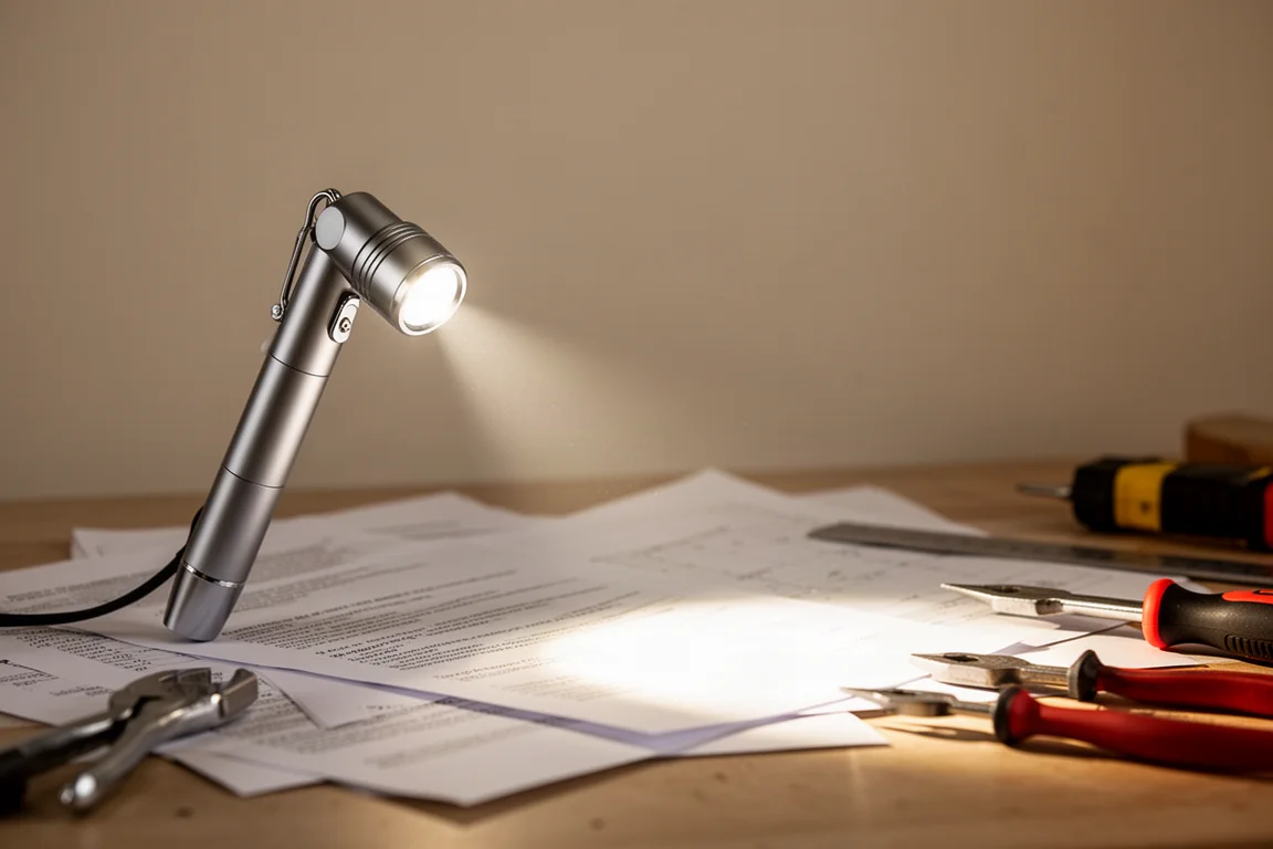 Testa girevole di una penlight ruotata di 270 gradi che illumina una superficie di lavoro
