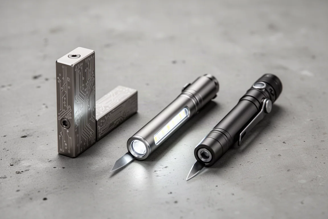 Three compact Wuben flashlights arranged on a concrete surface
