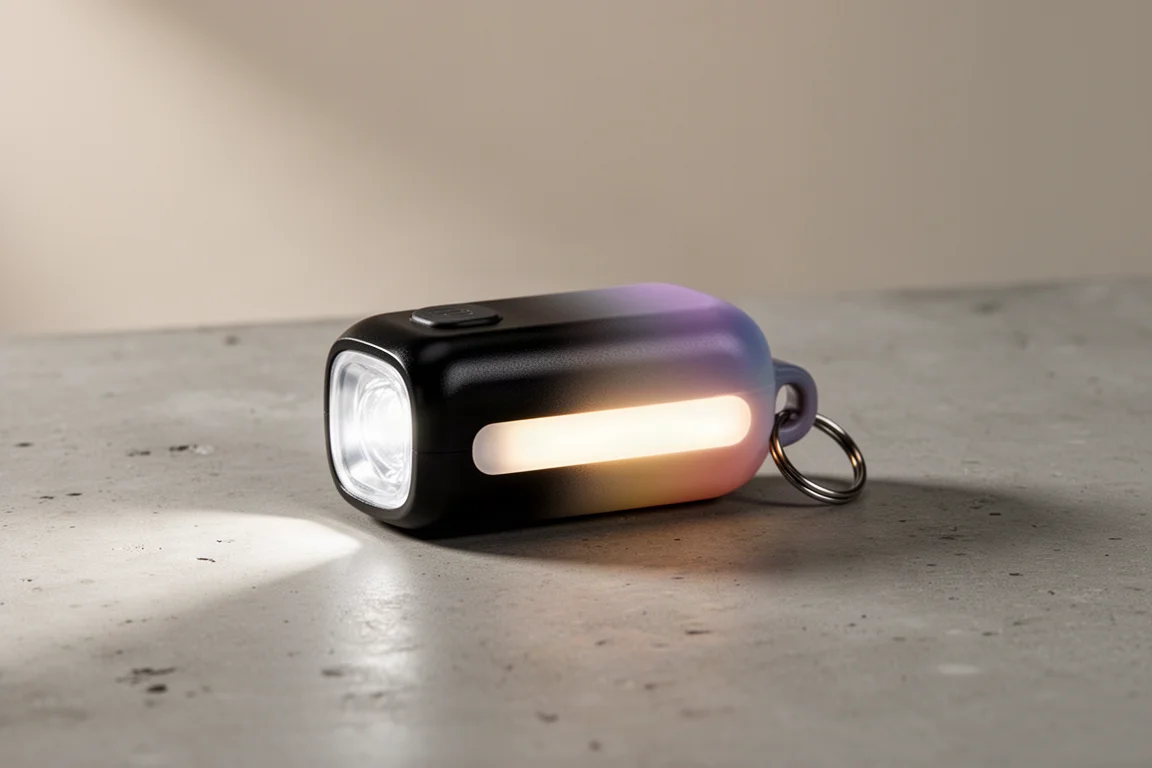 Compact Wuben E2 microlight with glowing side panel on a concrete surface