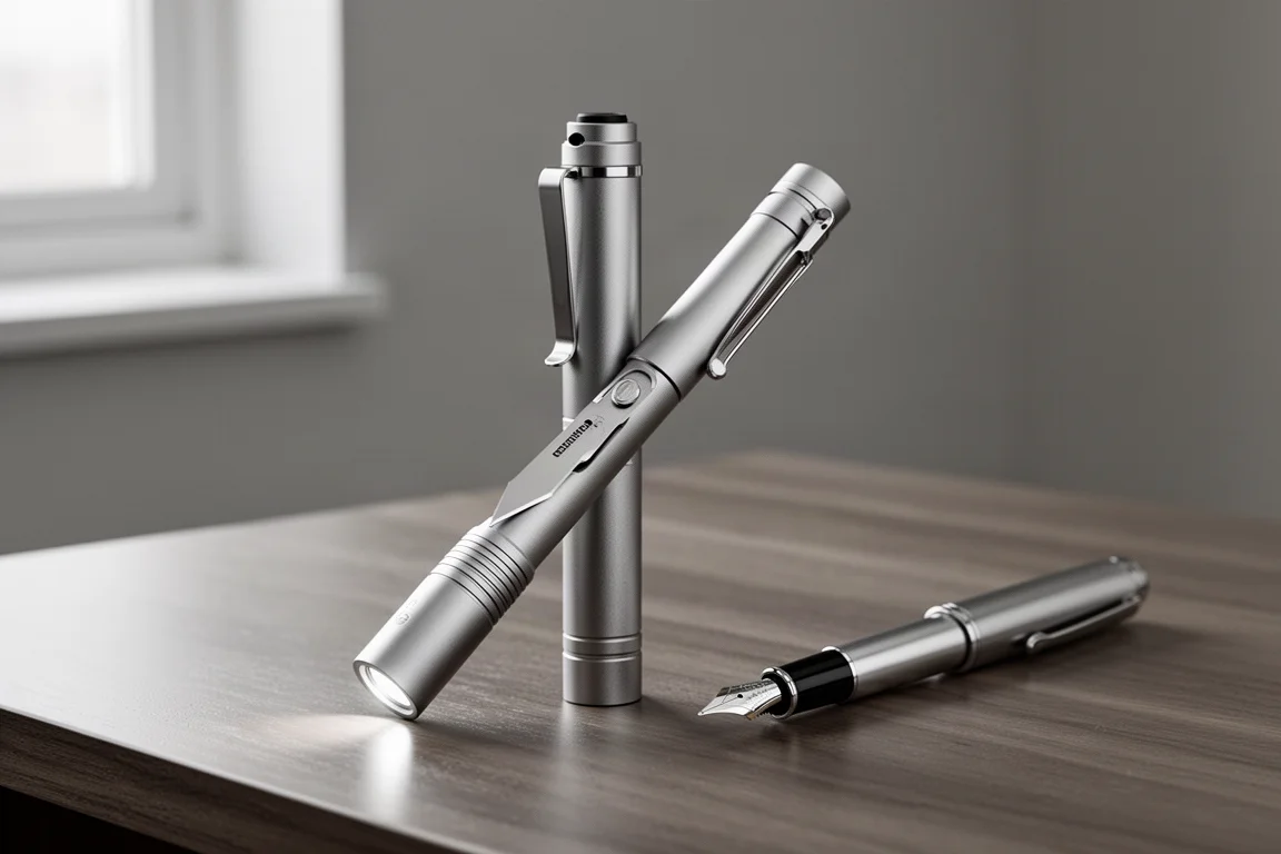 Slim pen-shaped metal EDC flashlight beside a fountain pen on a wooden desk