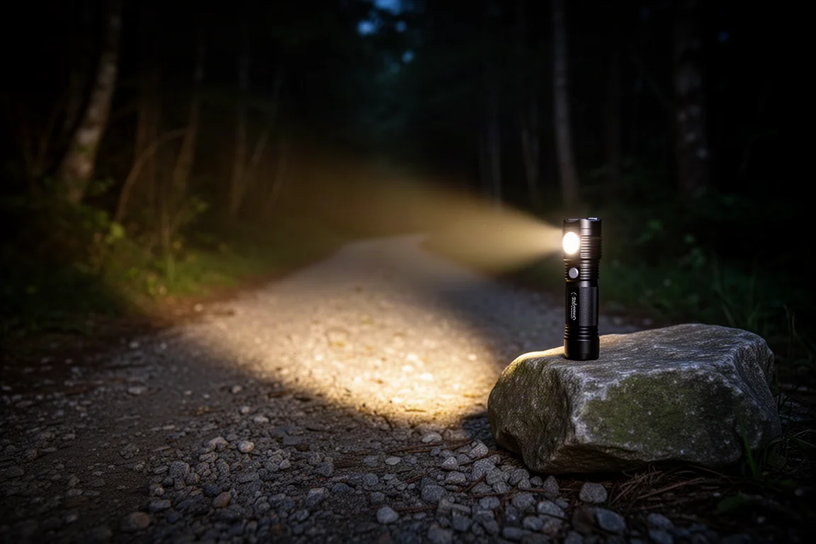 手電筒光束在夜間照亮一條黑暗的小路