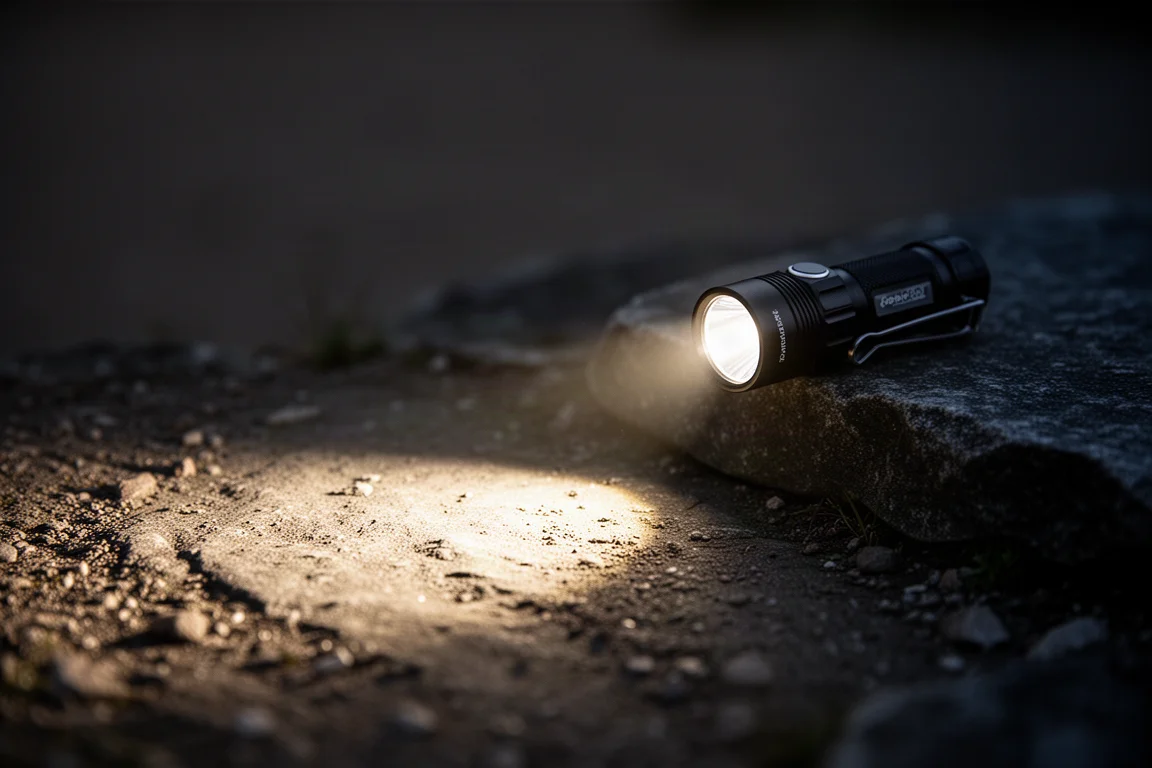 夜間手電筒光束在戶外深色地面上投射出一圈明亮光域