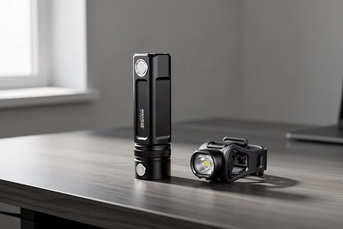 Wuben E7 compact black flashlight on a desk beside its headlamp clip