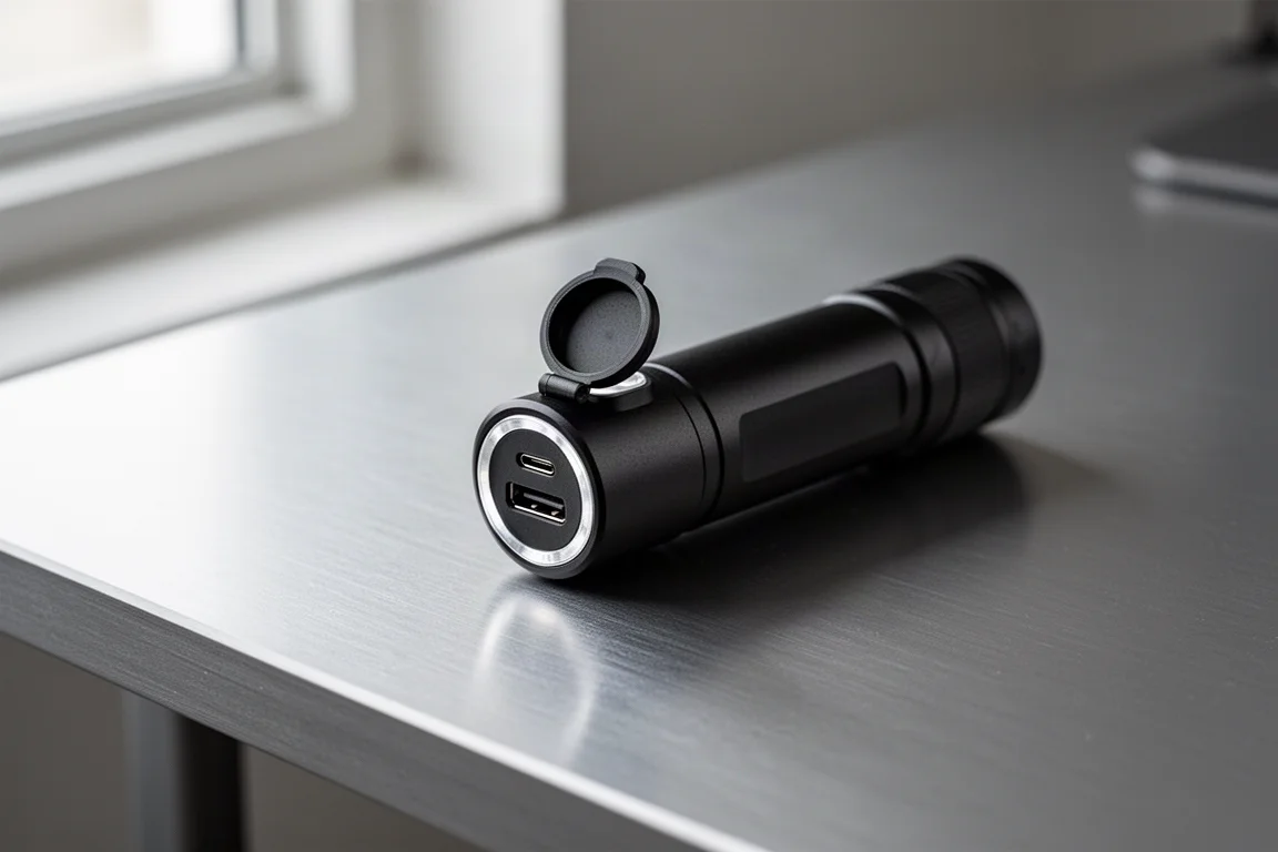 Compact dual-lens flashlight with USB-C charging port open on a desk
