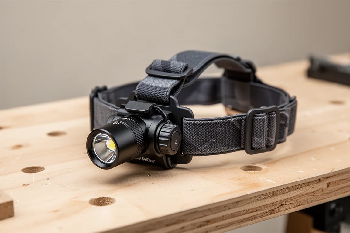 Flashlight snapped into a headlamp strap collar on a workbench