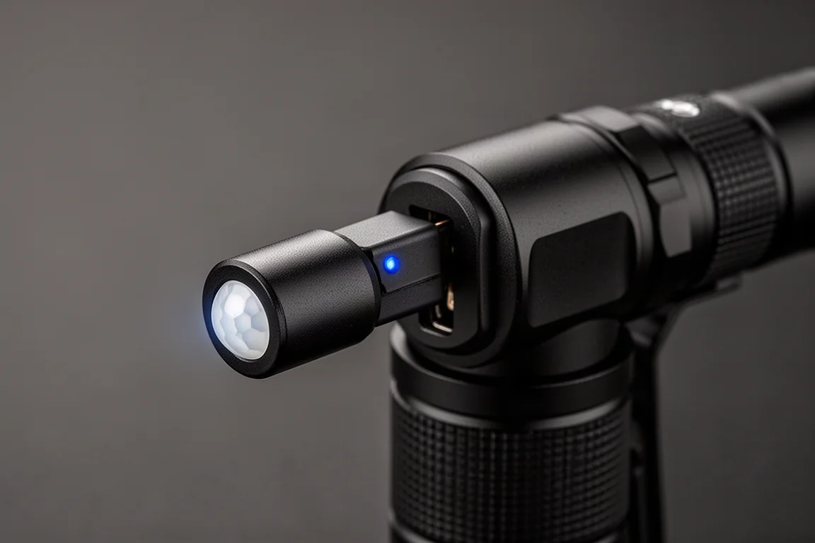 Small sensor accessory plugged into a flashlight USB-C port