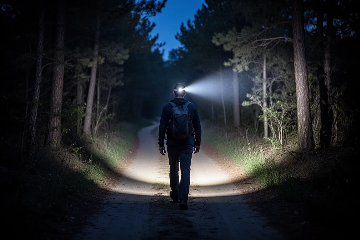 Person walking a dark trail lit by a compact headlamp beam