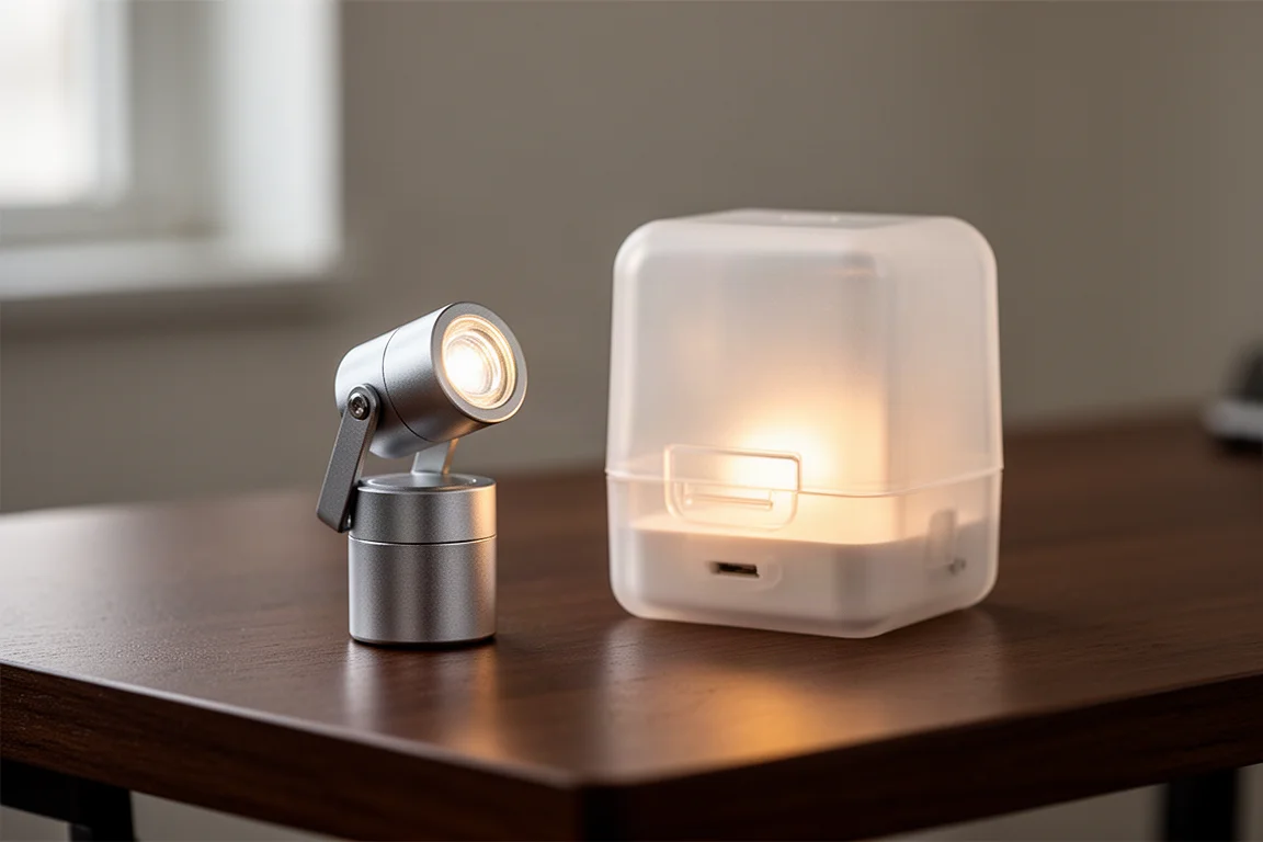 Kompakte Mini-LED-Leuchte mit schwenkbarem Kopf auf dunklem Schreibtisch neben ihrer transluziden Ladestation