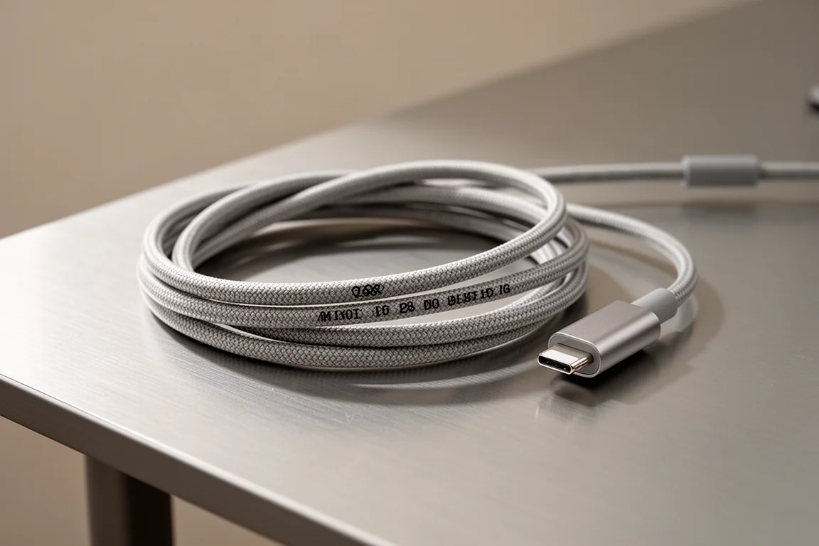 Nahaufnahme eines USB-C-Ladekabels im Stoff-Look, aufgerollt auf neutraler Schreibtischfläche