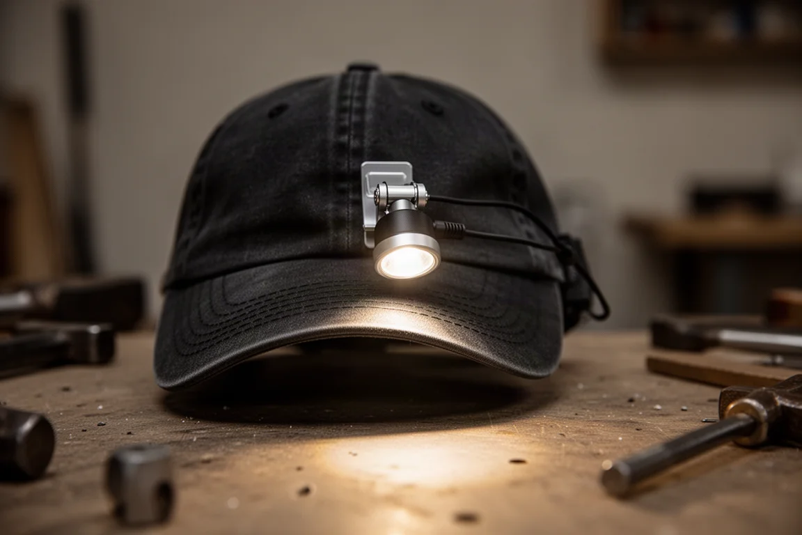 Mini-Leuchte, an der Krempe einer Kappe befestigt und als improvisierte Stirnlampe in einem dunklen Raum genutzt