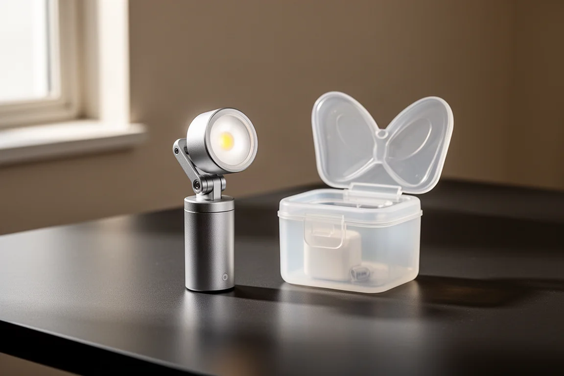 Compact mini LED light with pivoting head beside its translucent charging case on a dark desk