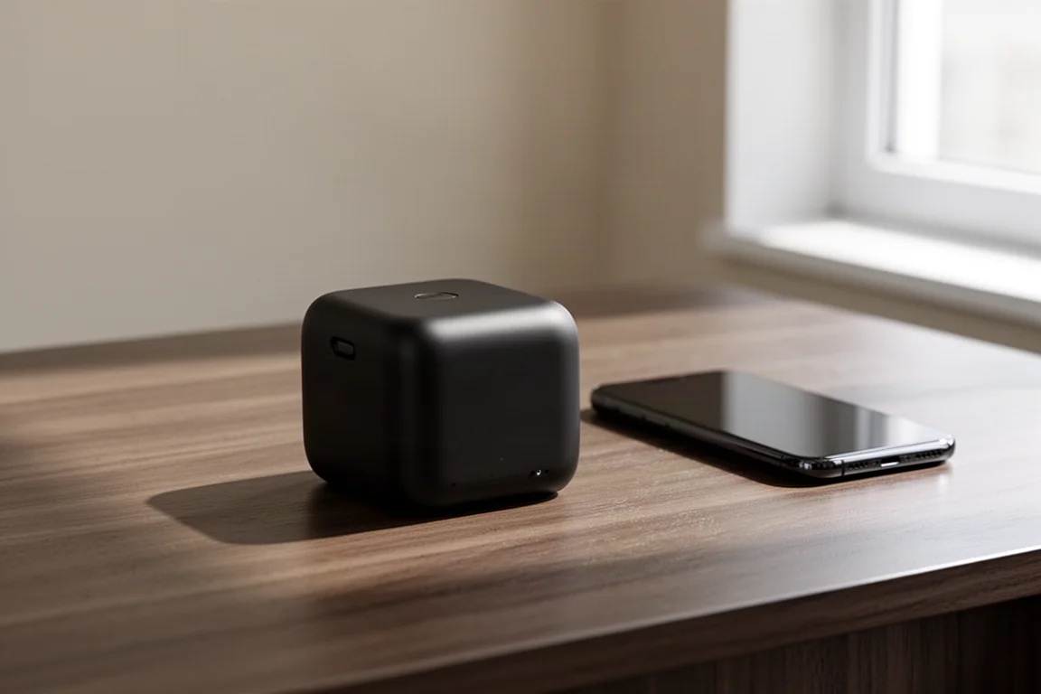 Compatto dispositivo torcia e power bank su una scrivania di legno accanto a uno smartphone