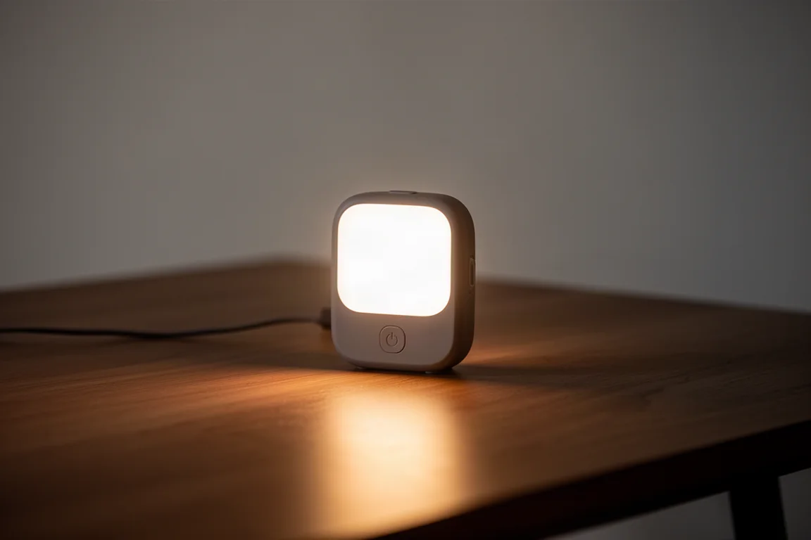 Fascio di luce calda proiettato da una piccola lampada portatile su una superficie interna in penombra