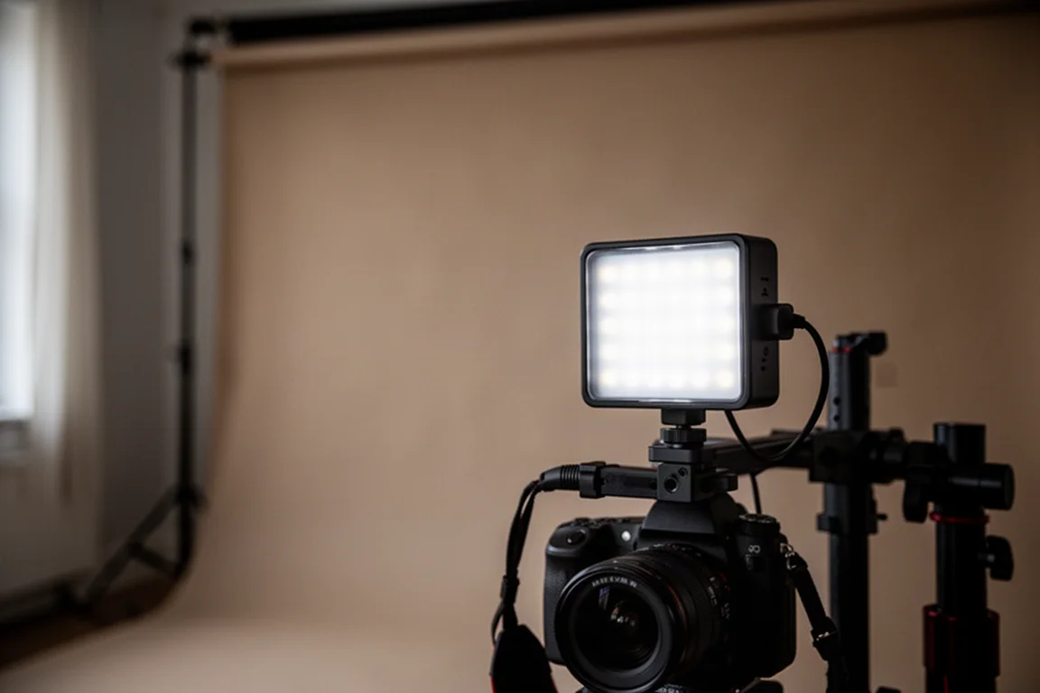 Pannello LED di piccole dimensioni montato su un rig per fotocamera in un ambiente interno in penombra