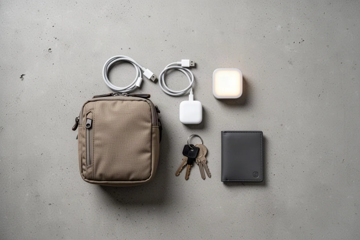 Borsa da everyday carry con torcia, cavi e power bank disposti in modo ordinato