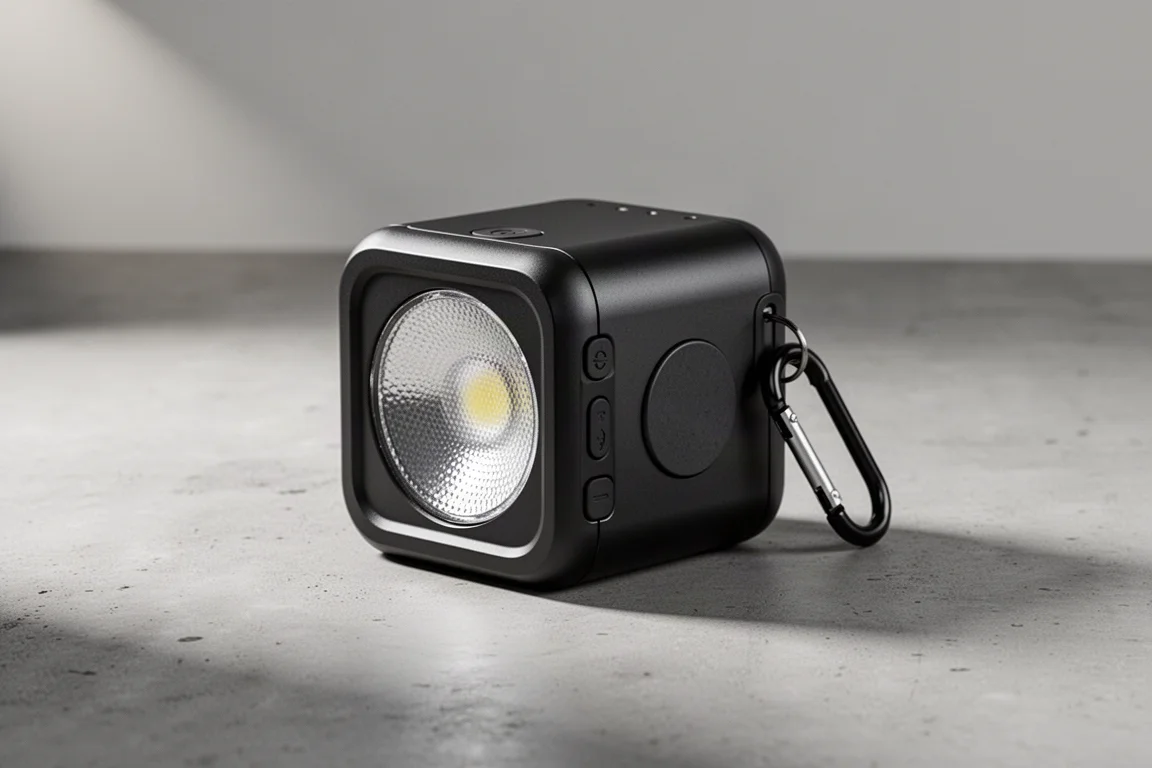 Kompakt fyrkantig svart lampa och powerbank på ett betongunderlag