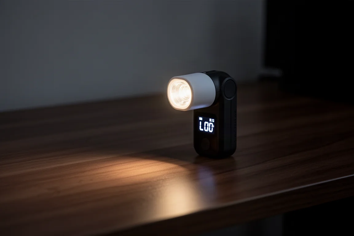Linterna angular compacta con pantalla OLED sobre un escritorio de madera de noche